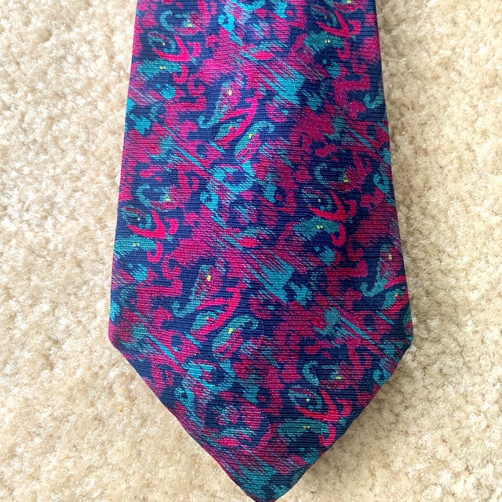 Burberry Teal Navy Blue And Burgundy Silk Tie